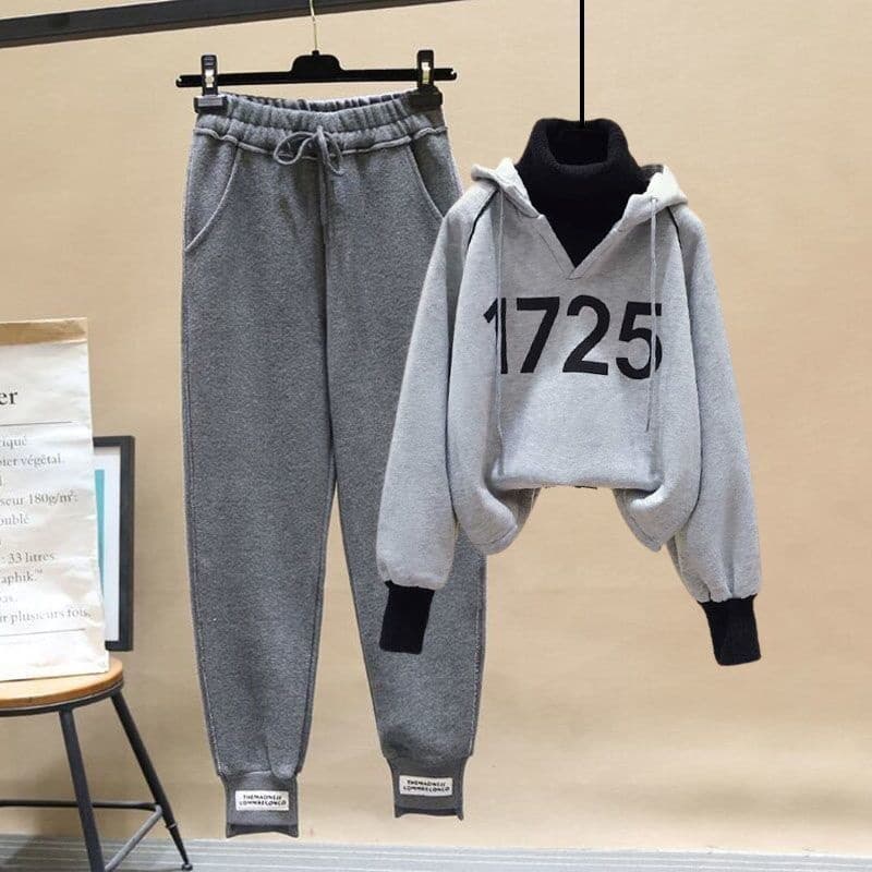 Autumn/Winter Long Sleeve Korean Style Hooded Two-Piece Illusion Polo/Turtle Neck Sweatshirt High-Waisted Casual Tie-Up Two-Piec