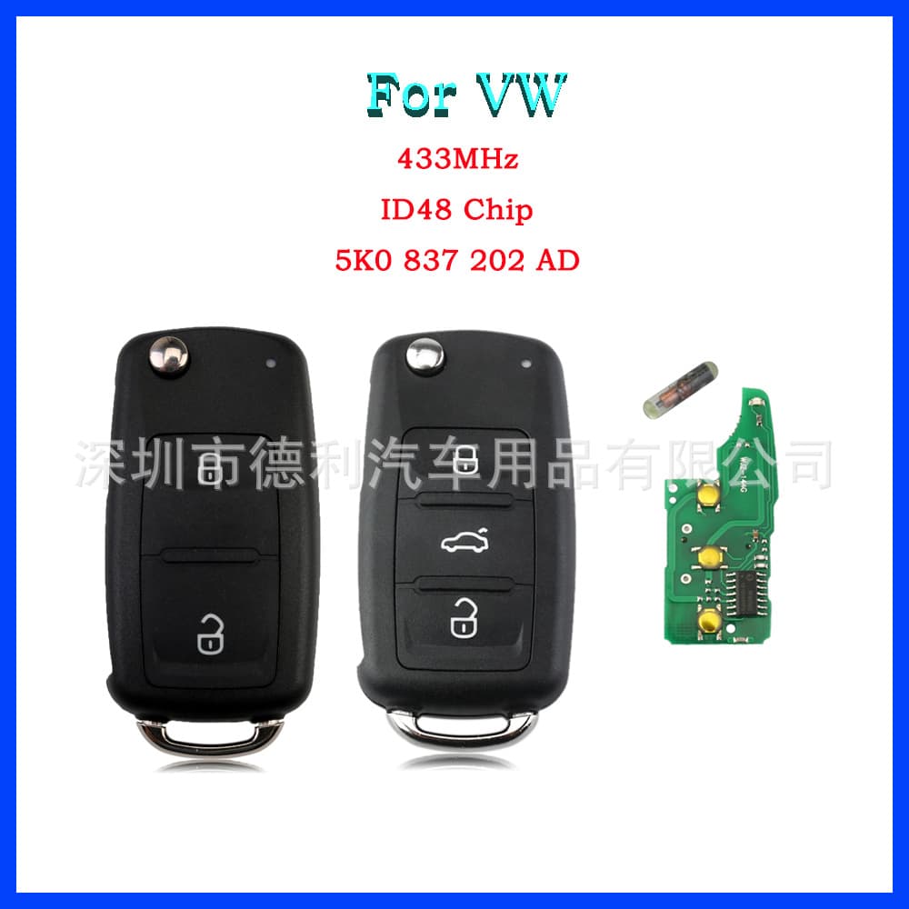 Compatible with Volkswagen 3-Button Car Key Shell Remote Control Key 202AD+434 Frequency ID48 Chip