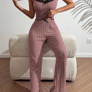 European American Cross-Border Hot Selling Loungewear Ribbed Heart Camisole Sleepwear Women Wear-Out Long Pants Two-Piece Set