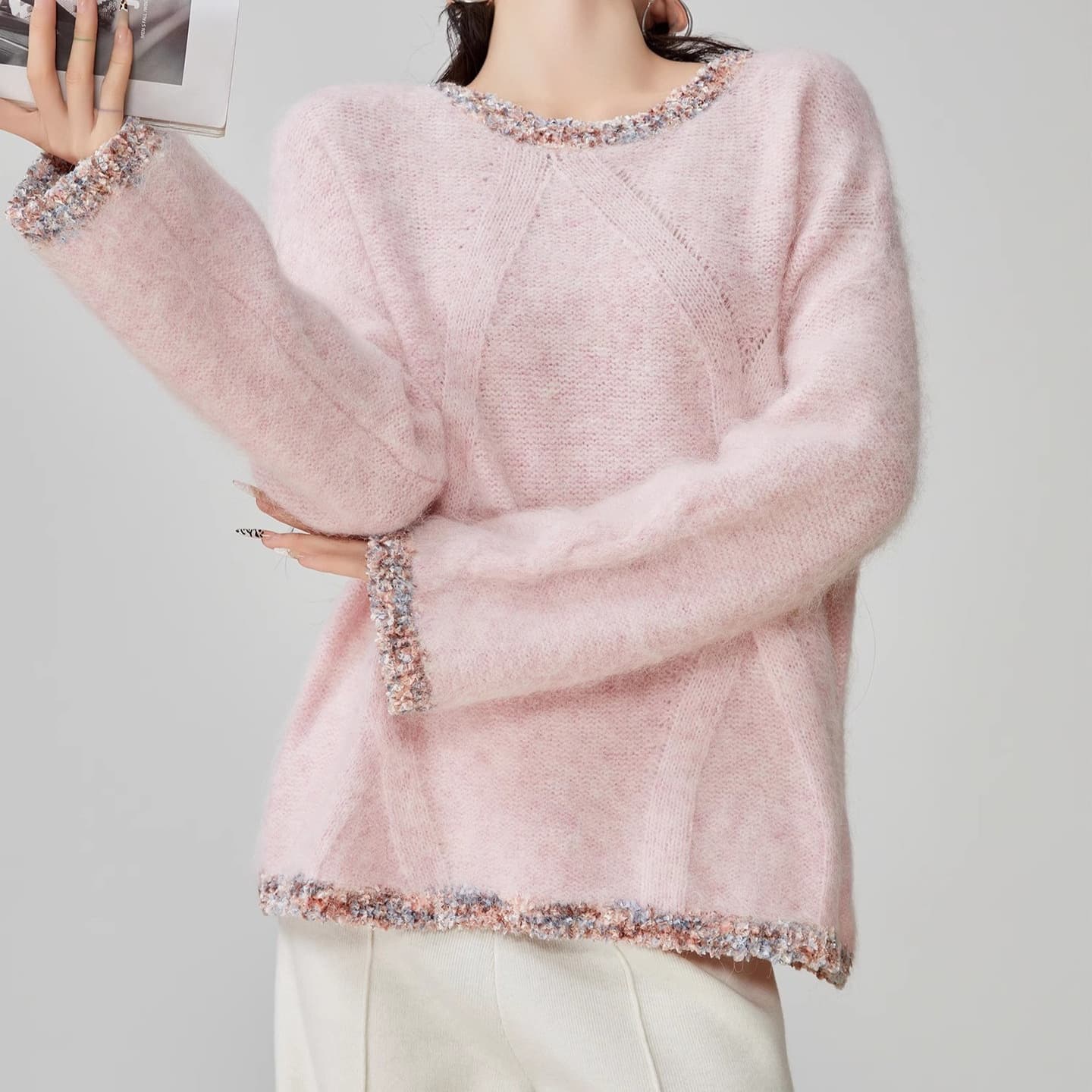 New Autumn/Winter Korean Style Women's Chanel-Inspired Knit Sweater, Casual Pink, Elegant Round Neck Pullover Top
