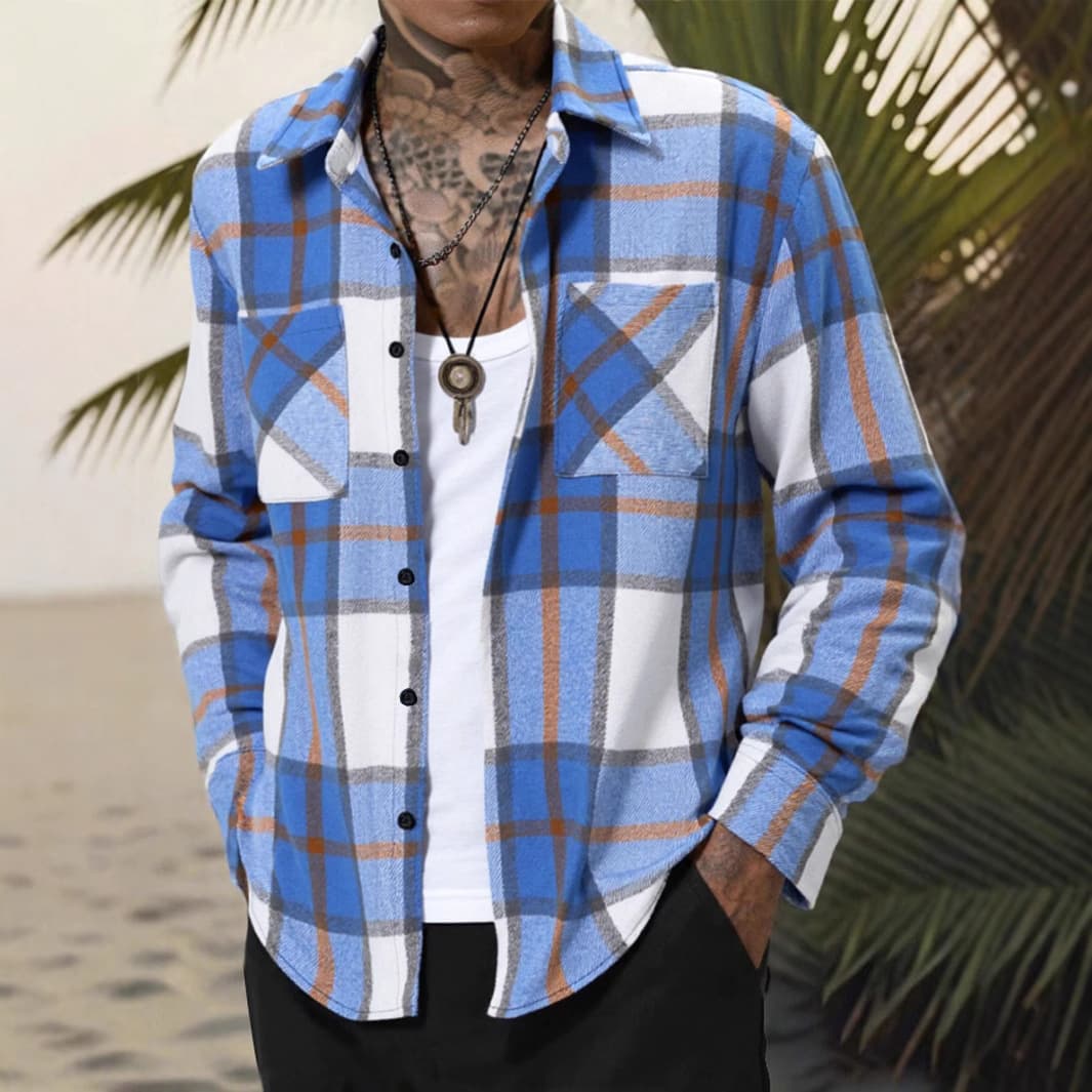 2025 Men's New Plaid Jacket Shirt with Double Pockets Casual Coat