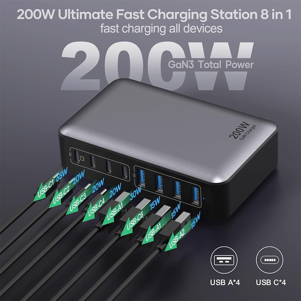 Cross-border Hot Selling 200W GaN Multi-Port Fast Charger Multi-Device Phone Laptop Desktop Charging Station