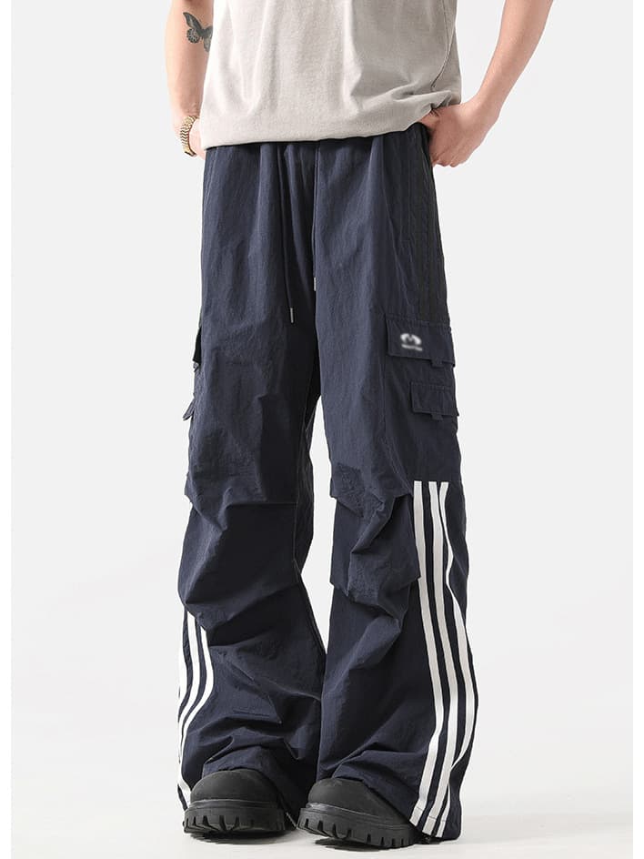 American retro three-stripe parachute pants men's summer 2024 new loose trendy brand workwear casual long pants