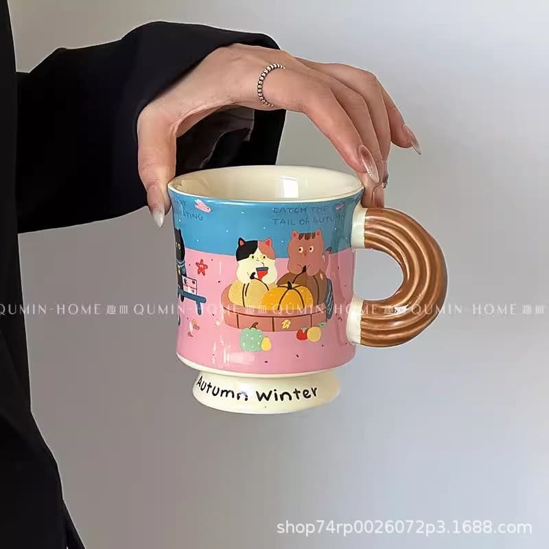 Cute Four Seasons Cat Pink Mug Cartoon Ceramic Cup High-Quality Gift for Annual Meeting Couples Water Cup