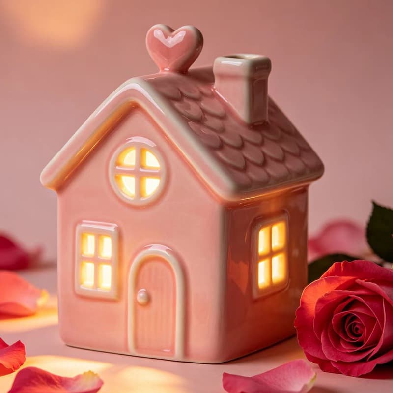 European and American Valentine's Day theme LED lights ceramic house ornaments decorative crafts pink cute ceramic small house