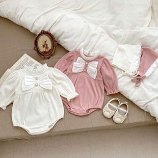 INS Autumn Sweet Baby Large Bow Bodysuit Stand Collar Long Sleeve Romper for Girls Newborn Photo Crawling Outfit