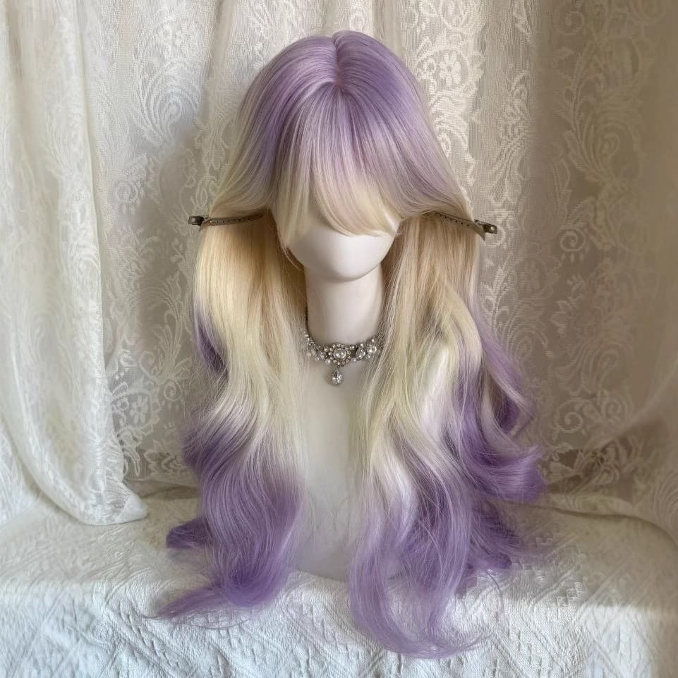 [Violet] Gradient Long Curly Wig for Women, Air Bangs, Fluffy, Face-Shaping, Natural-Looking, Realistic Hairpiece