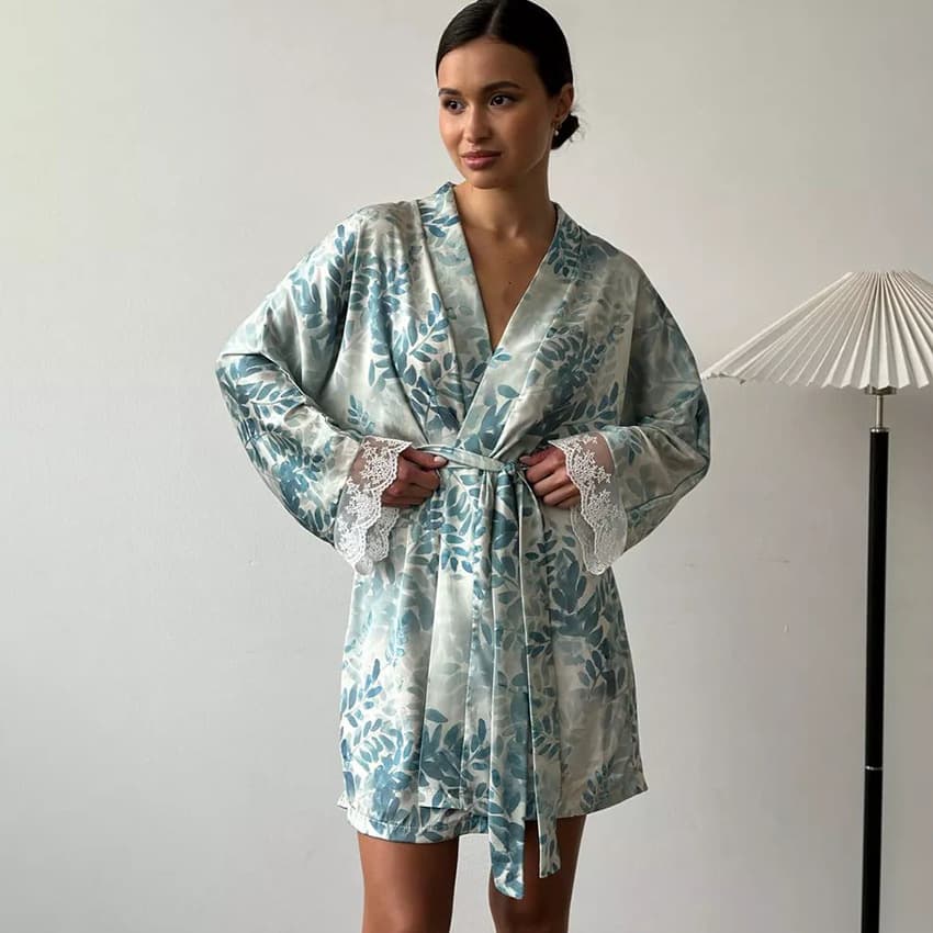 2025 Soft Sleepwear Autumn/Winter Women's Printed Long Sleeve Lace Nightgown Bathrobe Cross-Border New Home Wear Women's Wholesale