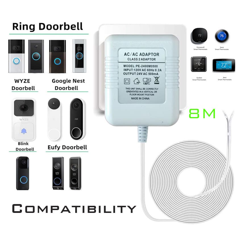 US Standard Video Doorbell Smart Doorbell Ring Power Transformer Power Adapter 24V 500mA Cable Length 8M