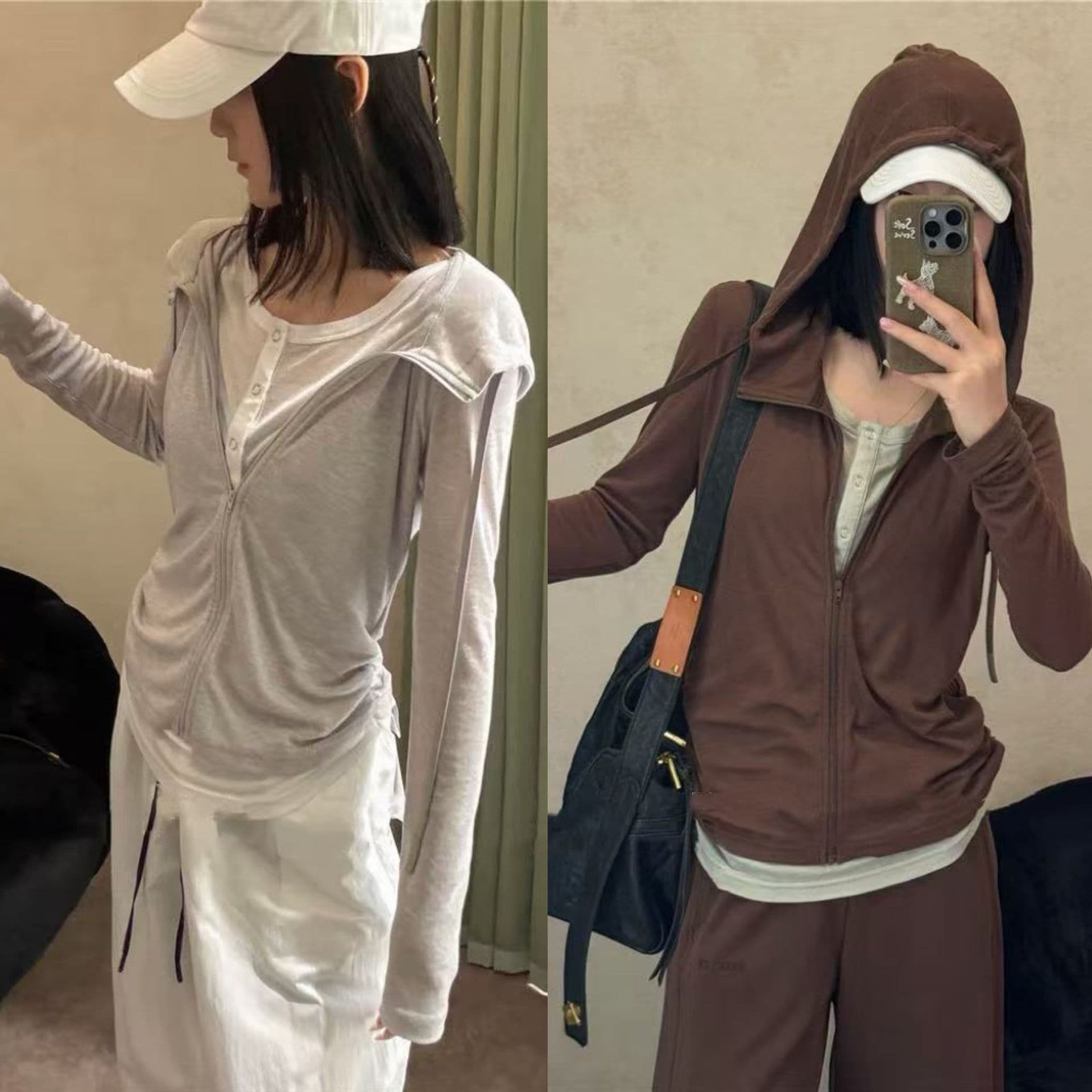 Youran 26 Spring/Summer New MI Tencel Wool Faux Two-Piece Contrast Color Long-Sleeve Knitted Hooded Cardigan
