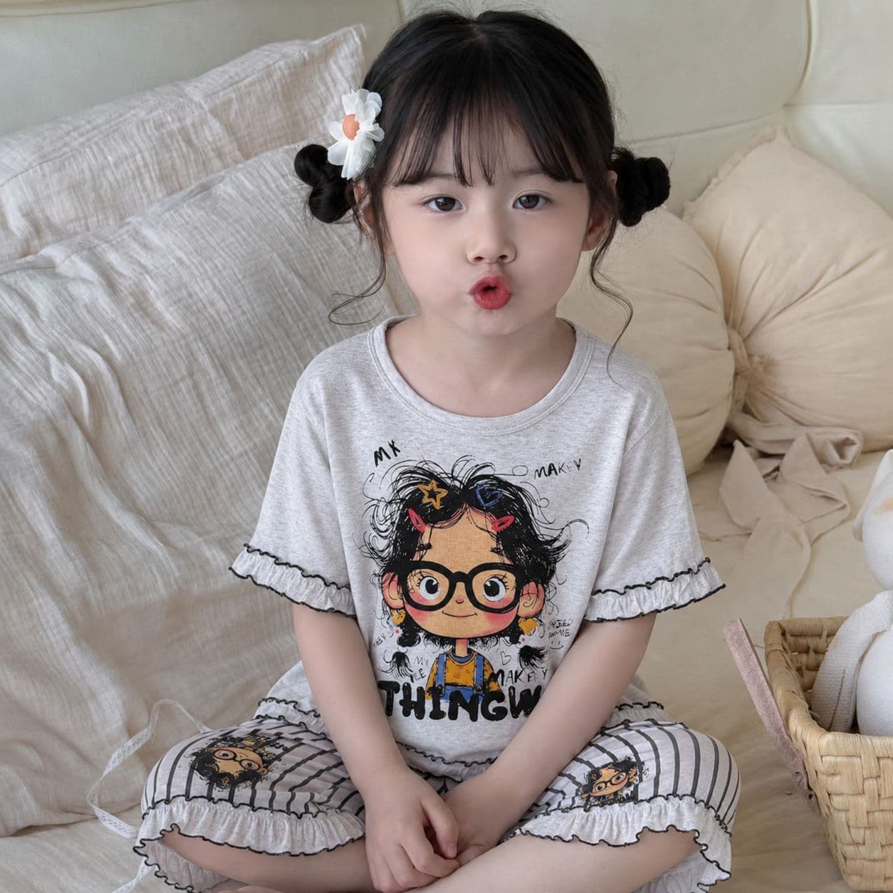 2026 Summer New Mother-Daughter Homewear Cute Cartoon Fun Parent-Child Short Sleeve Shorts Lace Air Conditioning Wear