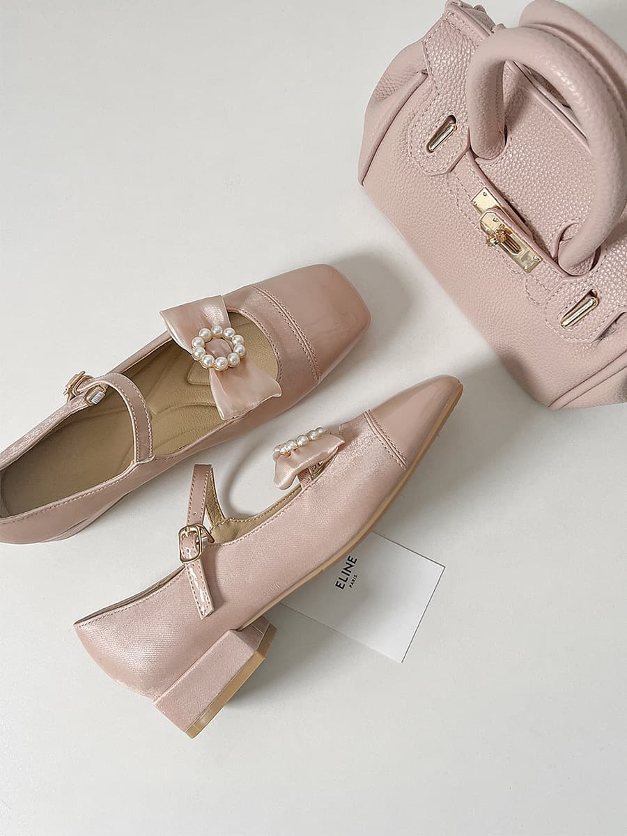 Sheepskin Edition~ French Sweet Pearl Bow Mary Jane Shoes for Women, Strap Low Chunky Heel Square Toe Shallow Flats