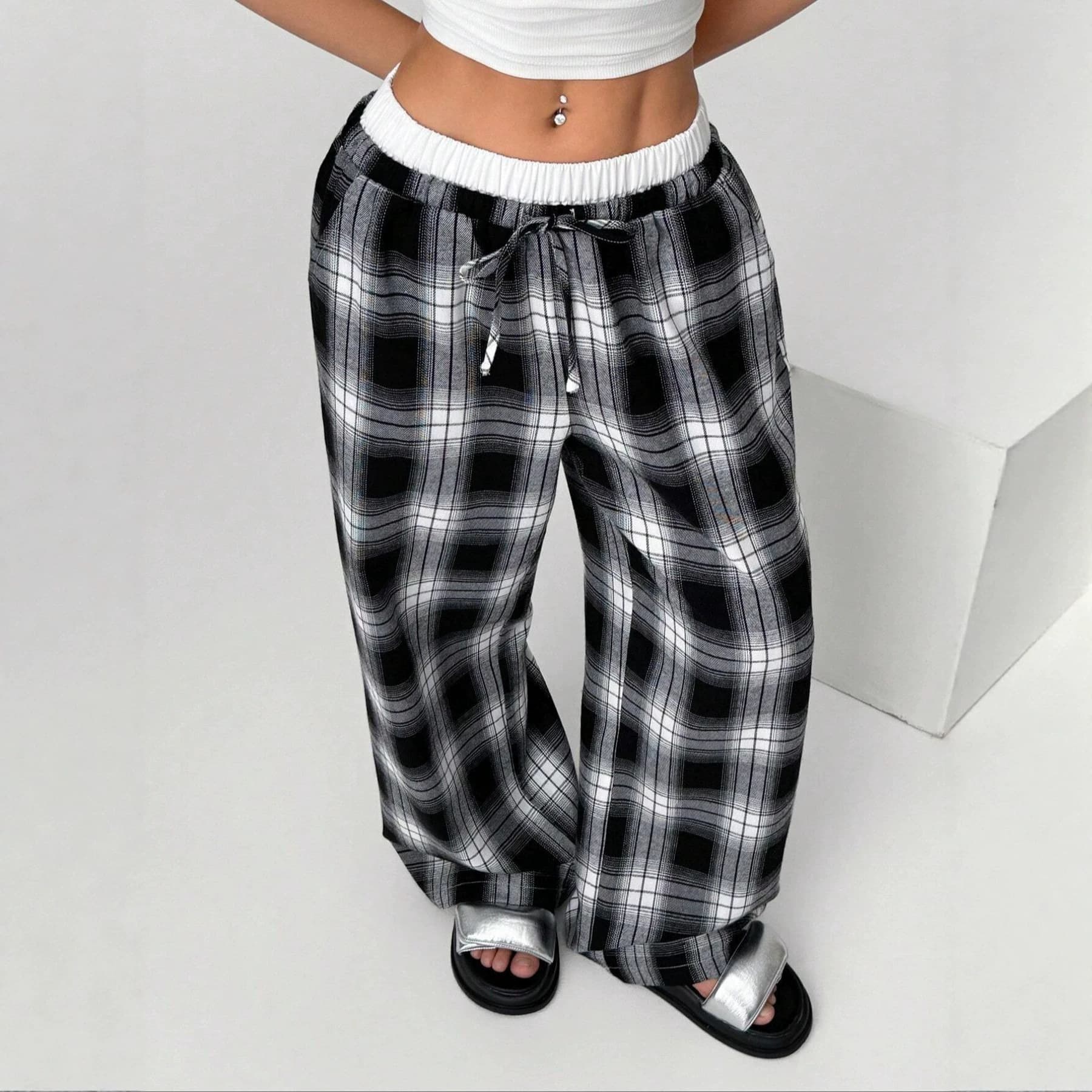 EU/US Export Amazon Slimming Contrast Color Casual Loose Printed Drawstring Straight Leg Pants for Women Street High Waist
