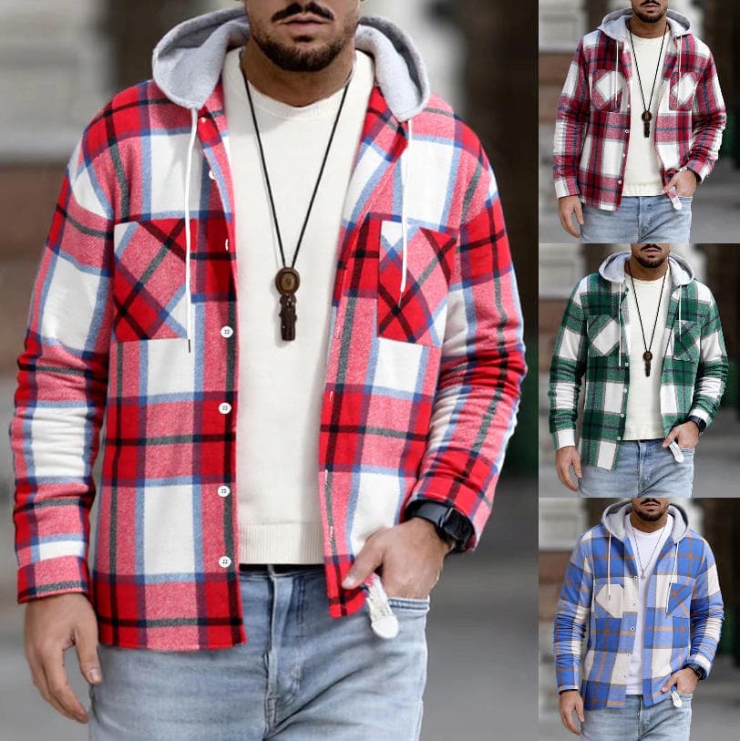 New Arrival Men's Plaid Hooded Shirt Jacket for Fall/Winter, Casual Long-Sleeve Button-Up Top