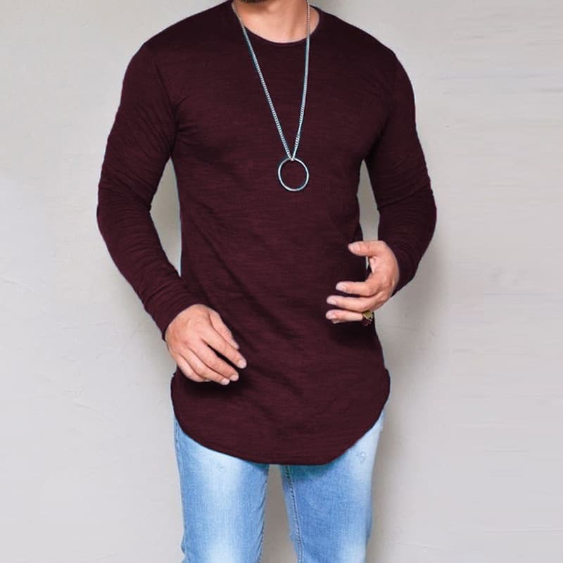 Cross-Border Bestseller Men's Solid Color Long Sleeve T-Shirt with Curved Hem Binding Design B4620