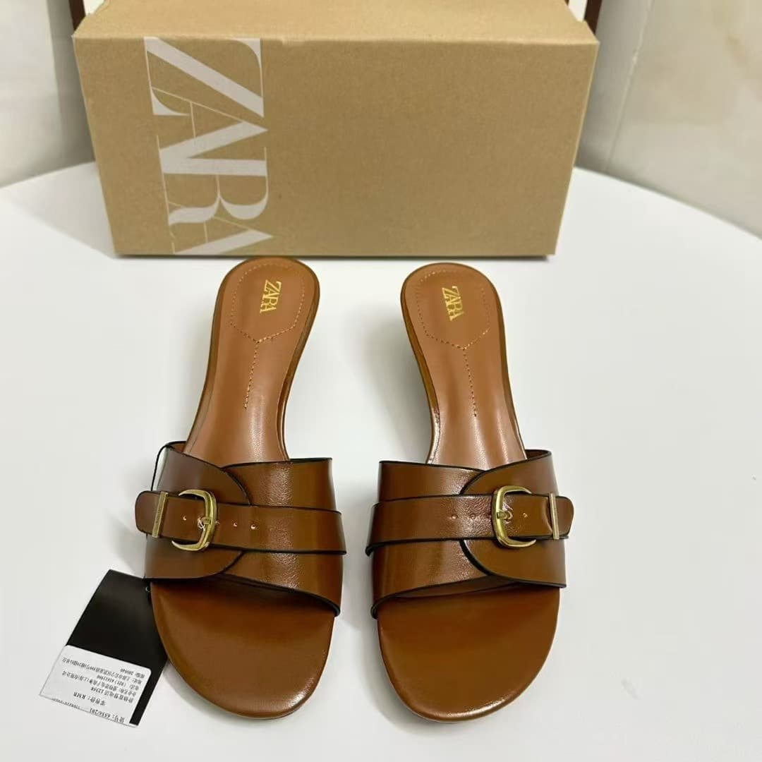 ZA2026 new one-shaped belt buckle decorated solid color square toe cross-border shoes foreign trade large size flat casual slippers