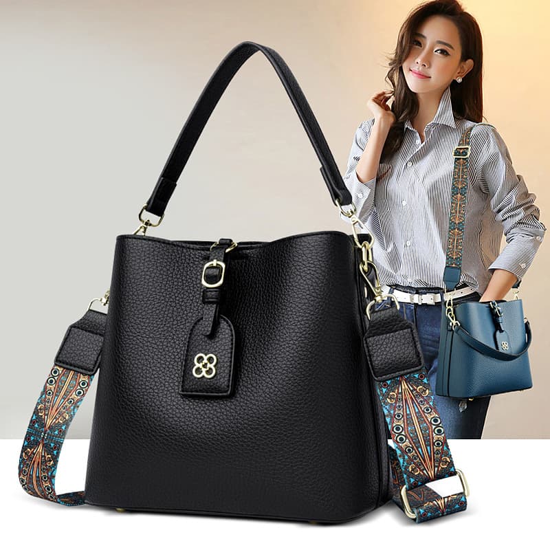 Trendy Korean Large Capacity Leather Bucket Handbag Women Casual Crossbody Shoulder Bag Daily Match Soft Polyester Lining Zipper Closure