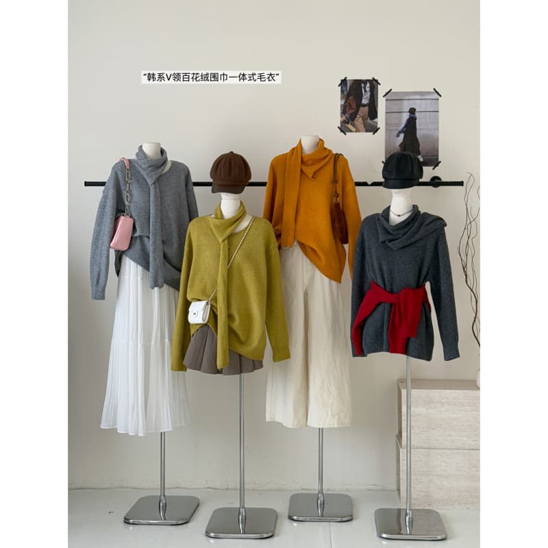 Schnei Lemon Green Tea Korean Style Soft and Fluffy V-Neck Lazy Loose Floral Velvet Warm Sweater with Scarf for Autumn and Winter 2025