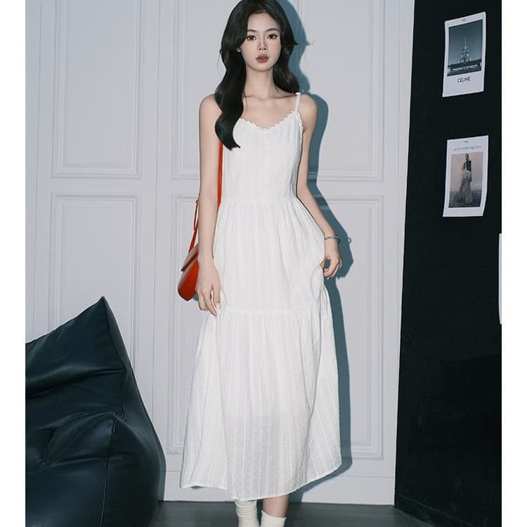 Forever21 Light Spring Gentle Strappy Dress for Women Korean Style Stunning First Love White Dress A-Line Beach Maxi Dress
