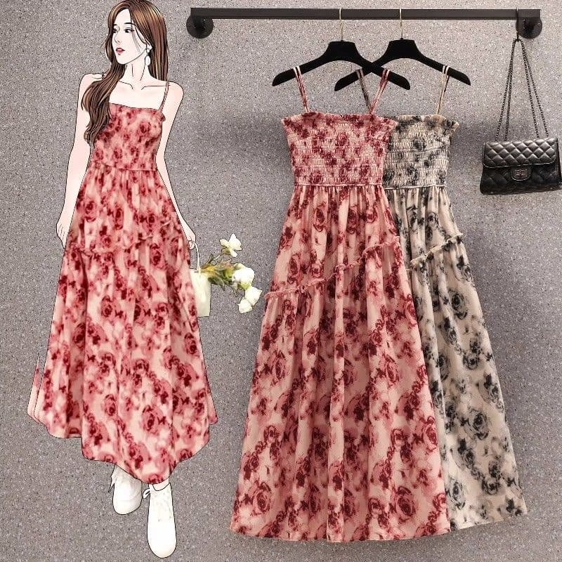 French Dress 2023 Summer New Japanese Style Elegant Waist Dress Retro Rose Floral Print Spaghetti Strap Dress