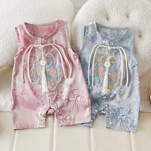 Baby Summer Thin Chinese Style Bodysuit, 0-12 Months, Bamboo Pattern Sleeveless Embroidered Romper for Boys and Girls