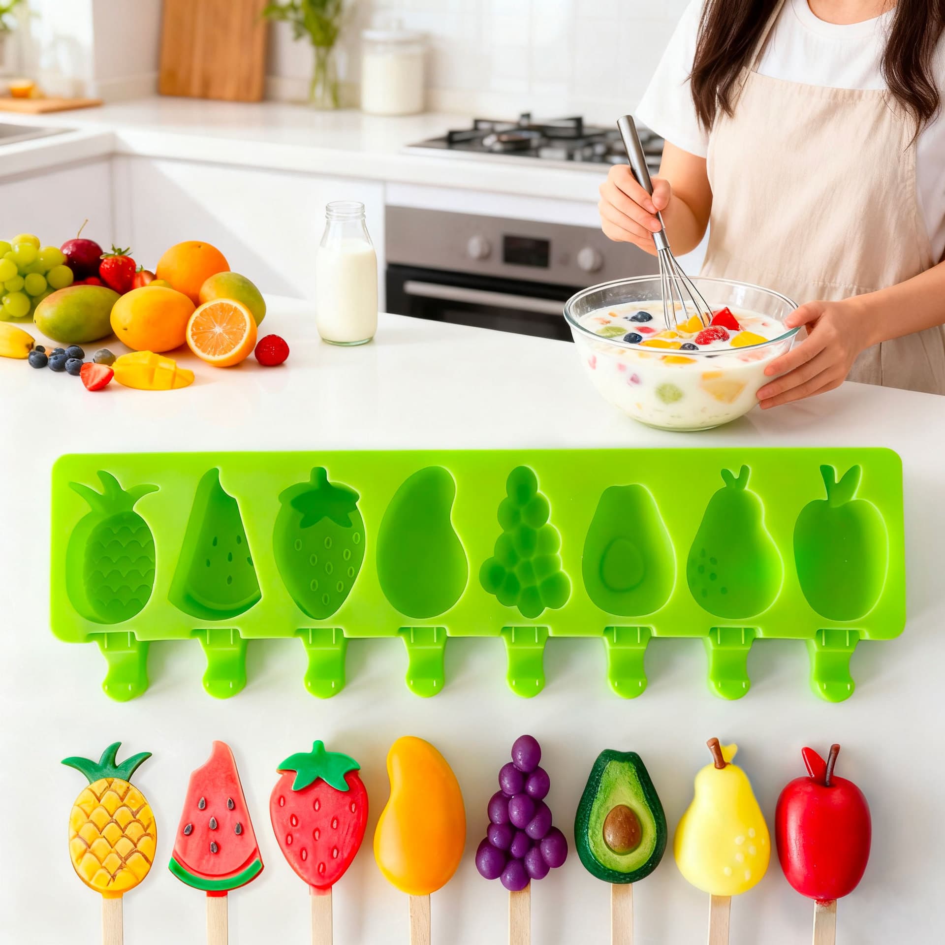 Silicone 8-Cavity Fruit-Shaped Ice Pop Mold DIY Homemade Ice Cream Popsicle Cartoon Animal Mold with Lid