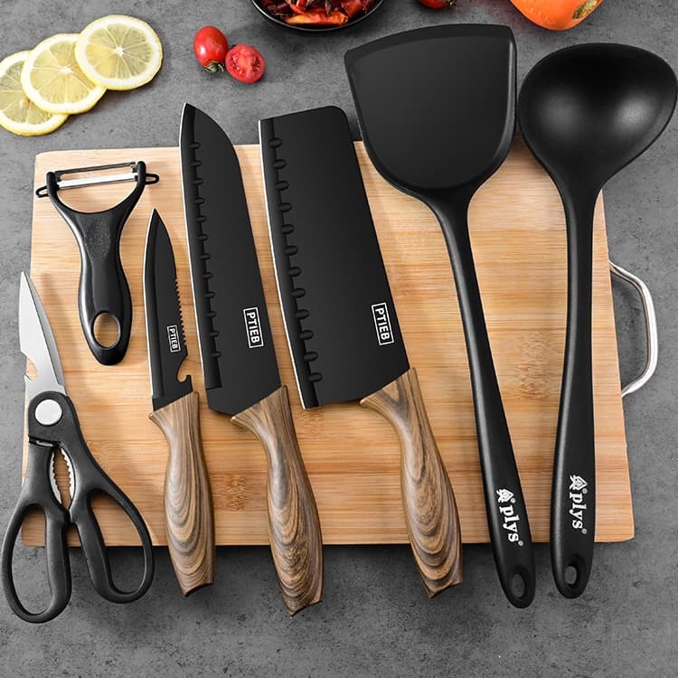 Wholesale kitchen knife and cutting board set, 2-in-1 kitchen knife set, cutting board combination, household food preparation board, dormitory set.