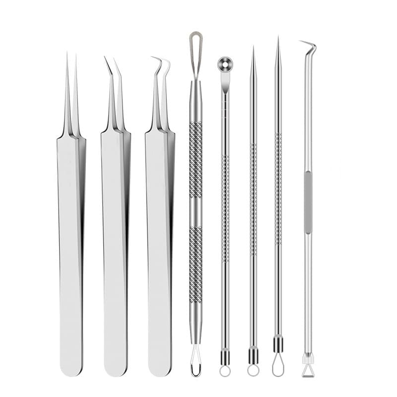 Stainless Steel Acne Extractor Tool Set, Blackhead Remover Tweezers, Curved Tip Cell Clamp, Beauty Salon Grade