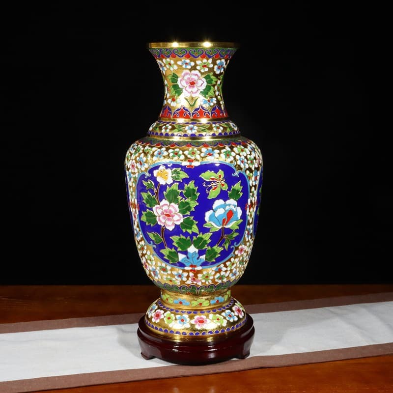 Beijing cloisonné vase ornaments copper tire filigree enamel filigree silver and blue 20-inch flower blooming rich peony six-line vase