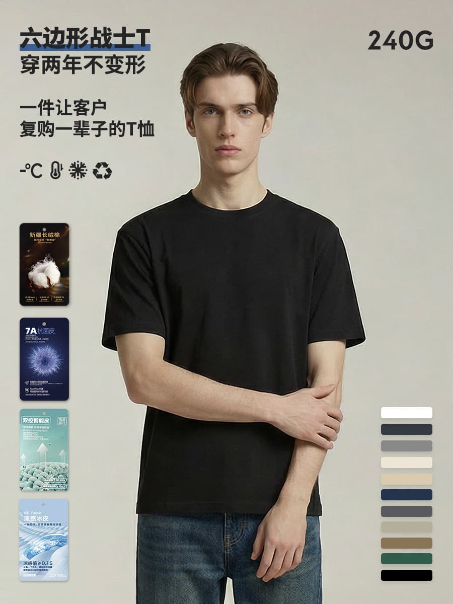 [Hexagonal Warrior T] 40-Count Long-Staple Cotton Sorona Cool-Feel Wrinkle-Resistant Solid Color Unisex Short-Sleeve T-Shirt