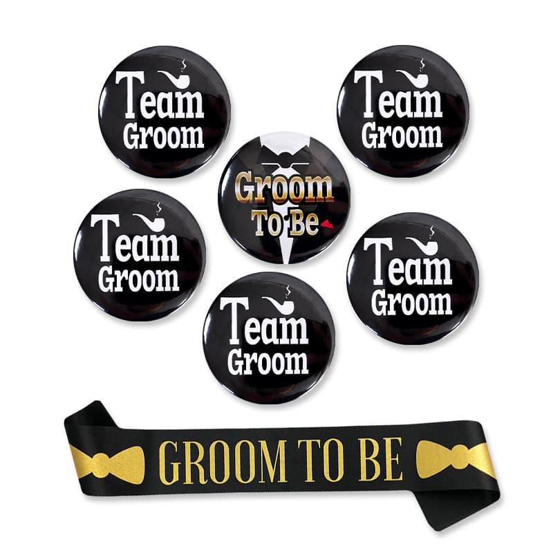 Amazon Team Groom Suit Bow Tie Brooch 58mm Tin Badge Sash Set