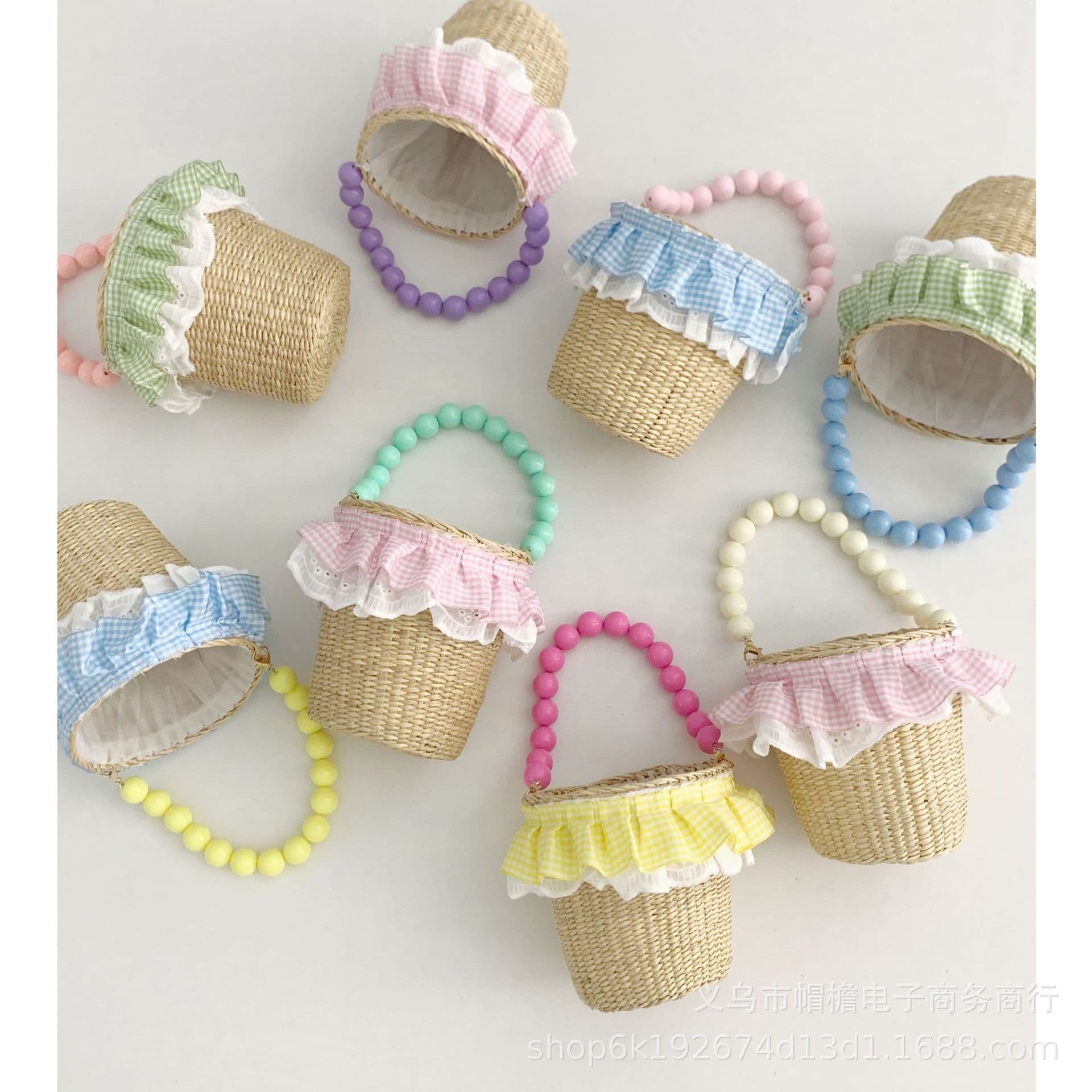Kids Handheld Basket, Fresh and Sweet Tulle-Trimmed Pearl Woven Basket for Girls, Personalized Candy Color Handbag