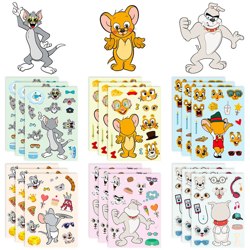 Super deal! 12 Tom and Jerry cartoon character face-changing puzzle stickers for children's early education, wholesale available from one piece.