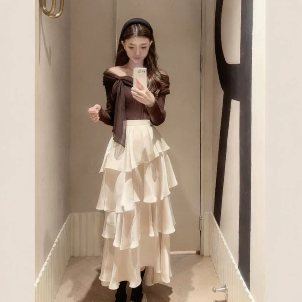 [Yibai] 2025 Autumn/Winter New Elegant Satin High-Waist Irregular Ruffle Skirt 25247