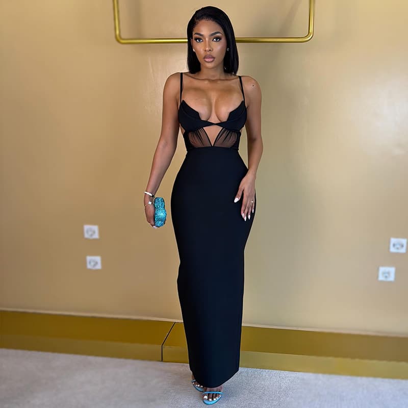 European and American style cross-border solid color slim-fit women's backless sexy rear slit hip-covering skirt temperament wrapped chest hiking dress