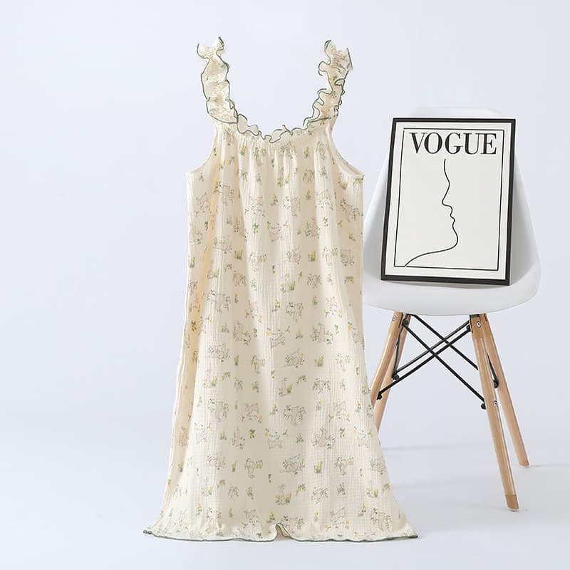 Women's Summer Spaghetti Strap Pajamas, Mid-Sleeve Nightgown, Thin Style, Pure Cotton Yarn Sweat-Absorbing Home Dress, Sweet Rabbit Style
