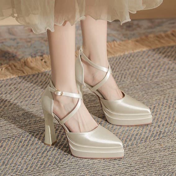 Petite Waterproof Platform High Heels for Women, Chunky Heel Comfortable 12cm Bride Cross Strap 2026 Wedding Shoes White