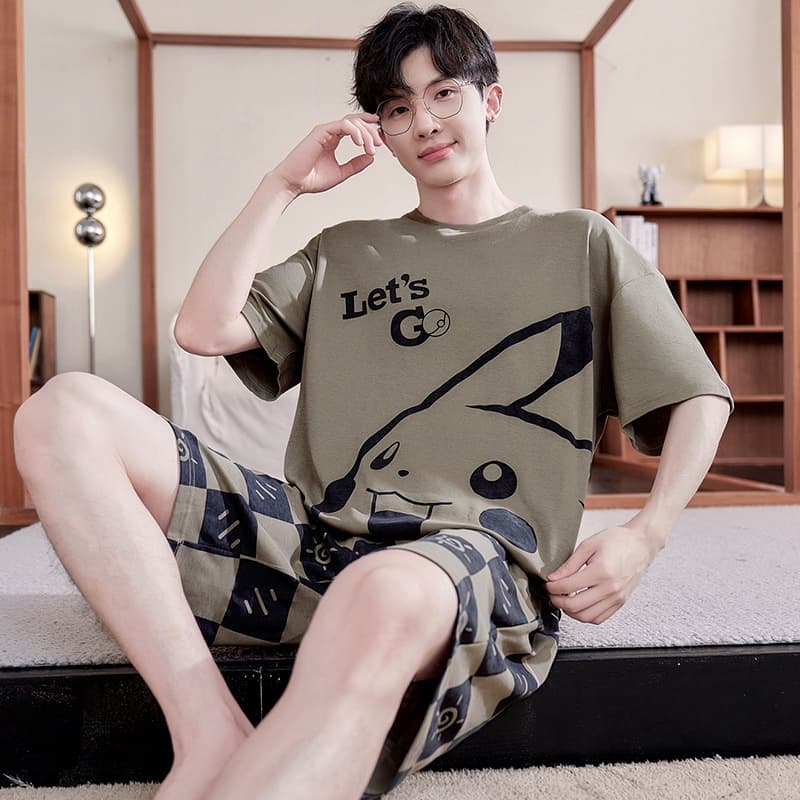 Plus Size 150kg Cotton Pajamas for Men, Summer Large Size Short-Sleeve Shorts Cartoon Round Neck Pullover Set