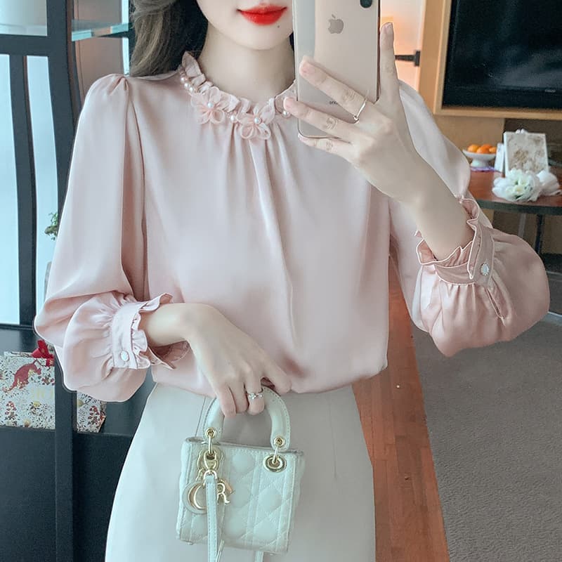French Stand Collar Beaded Chiffon Blouse Women Long Sleeve 2025 Spring Autumn New Design Chic Fashion Elegant Top