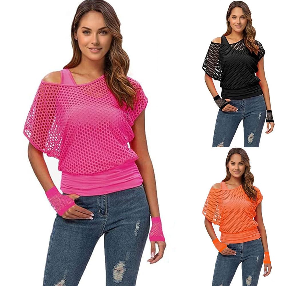 Amazon's Hottest Carnival 1980s Holiday Party Dance Costumes Off-Shoulder Fishnet Short-Sleeved Suit Two Pieces