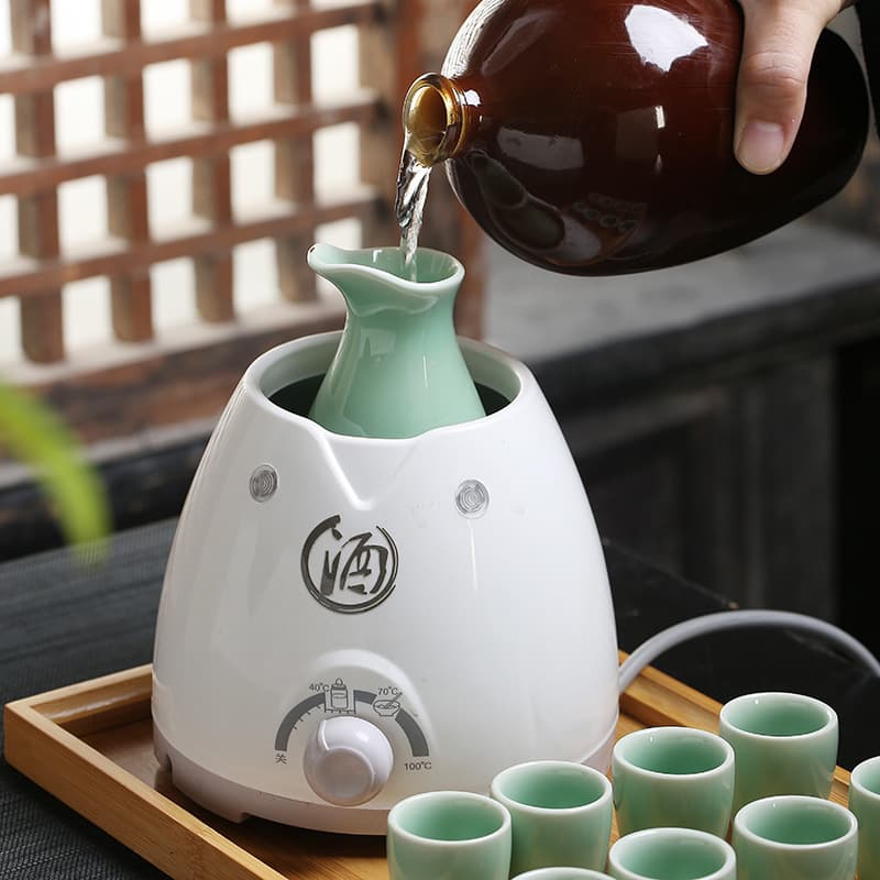 Electric Heating Thermostatic Ceramic Wine Set, Fast Warmer for Yellow Rice Wine and Huadiao, Capacity for 2.5 to 5 Ounces