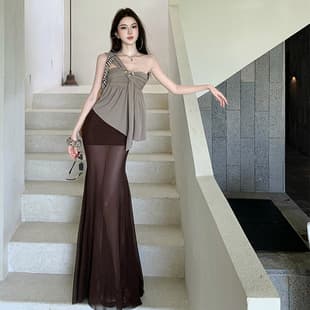 Vintage Style Hot Girl Design Niche Cooper Tank Top with Diagonal Shoulder + Brown Coffee Mesh Skirt Bodycon Skirt