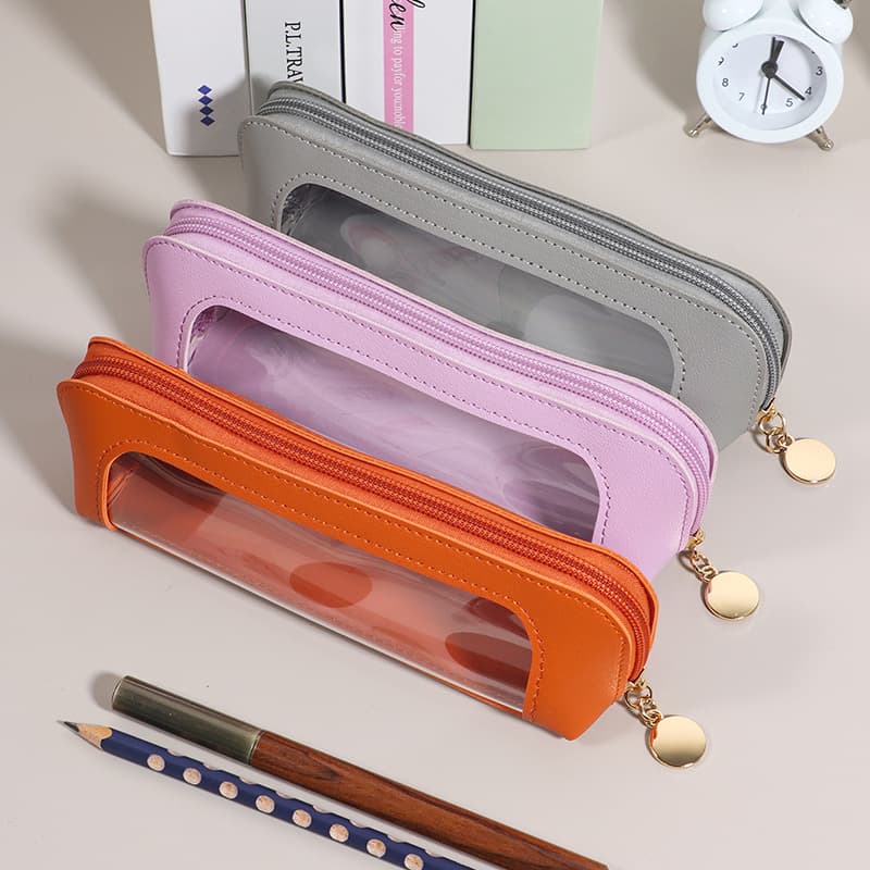 In Stock Korean Style Transparent PU Pencil Case Fashion Leather Pencil Pouch Large Capacity Stationery for Middle and High School Students