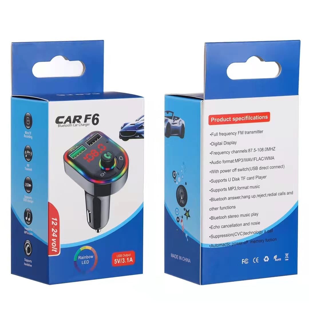 F6 Car Bluetooth MP3 Player with hands-free colorful ambient lighting, PD fast charging, QC3.0 car FM transmitter fast charger