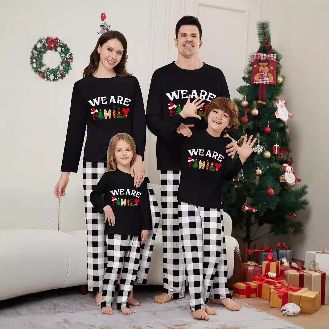 2025 Cross-border Christmas Parent-Child Set Autumn/Winter Foreign Trade Long-sleeved Trousers with European and American Letter Print Black and White Checkered Home Wear