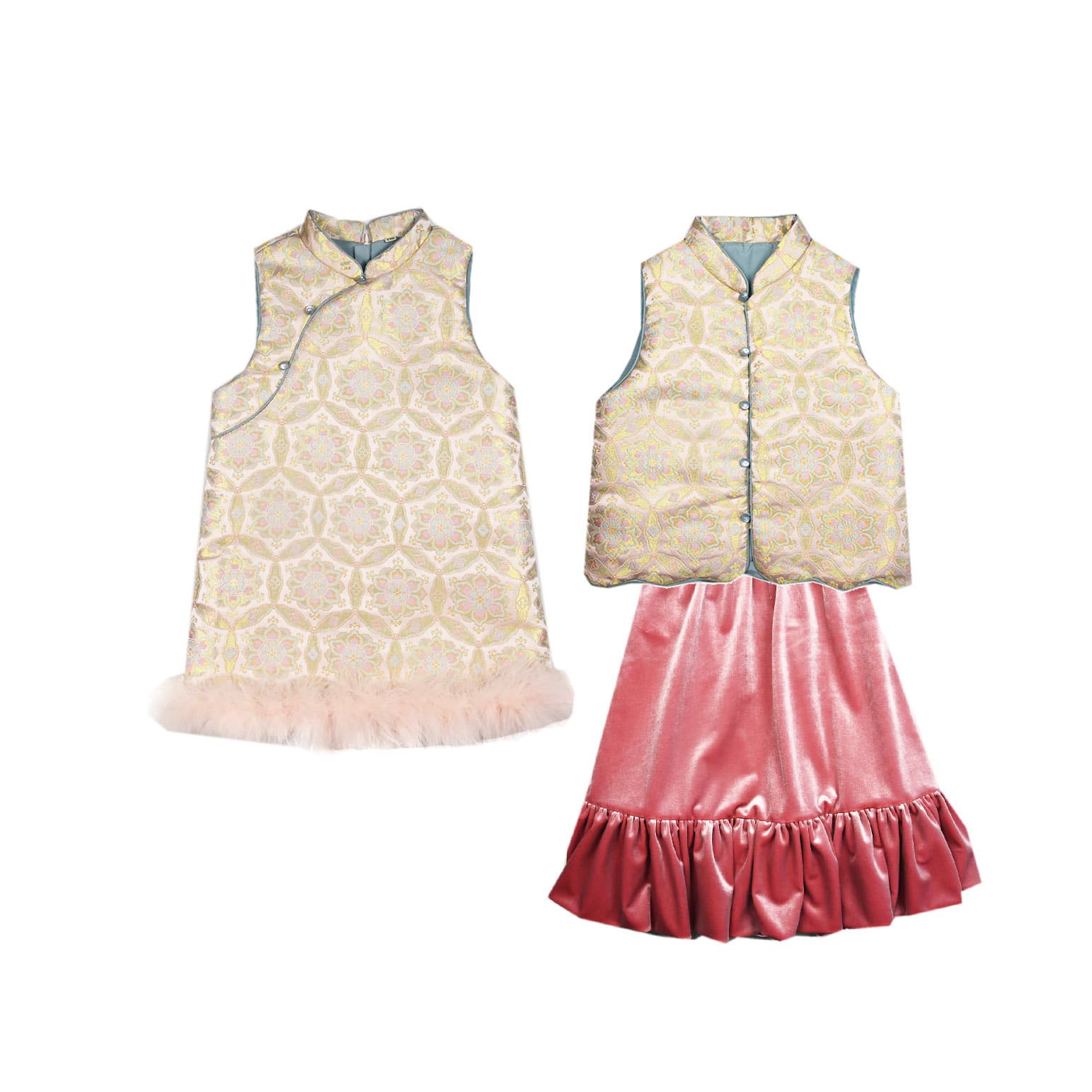 2025 New Style Winter Set for Girls - Sweet New Chinese Style Fleece-lined Vest and Velvet Skirt for Sisters