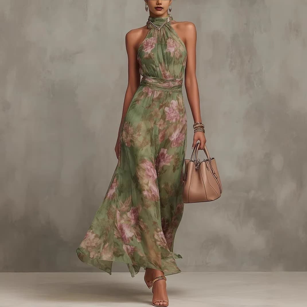 2026 European and American clothing, mesh printed suspender long skirt, pleated butt-covering sexy dress with irregular slits