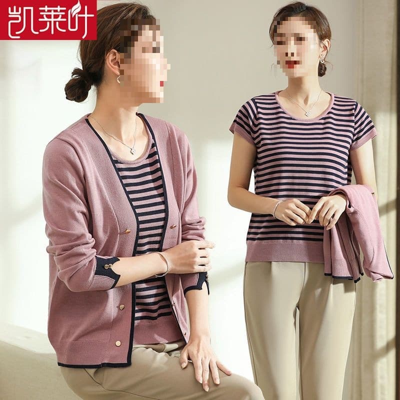 Mother's Autumn Two-Piece Set, Summer Short-Sleeve Knit Top and Lightweight Cardigan for Middle-Aged and Elderly Women