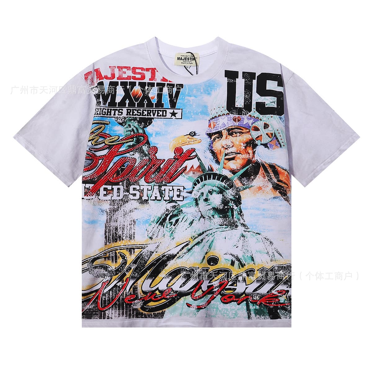 MAJESTIK The Spirit Tee Statue of Liberty Print Rhinestone Short Sleeve T-Shirt