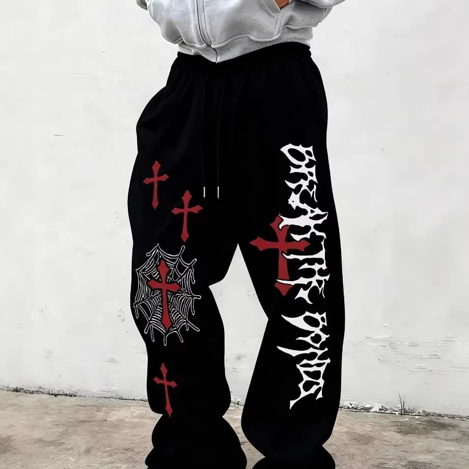 New spring and autumn Y2K dark gothic print loose slimming men's and women's lace-up sweatpants wide-leg sweatpants